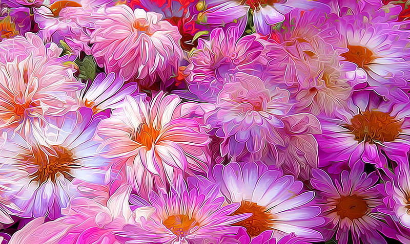 Flowers, poster, art, autumn, orange, purple, texture, painting, flower, skin, white, pictura, pink, HD wallpaper