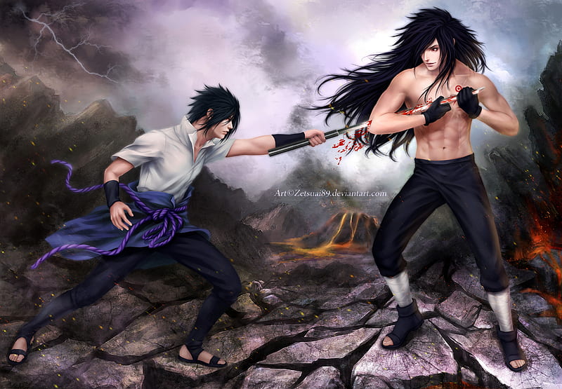 Sasuke vs Madara, uchiha madara, uchiha sasuke, guerra, naruto, sasuke, sharingan, madara, katana, long hair, sword, god, black hair, HD wallpaper