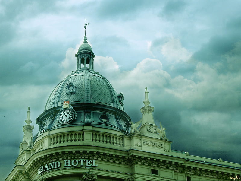 Grand hotel, hotel, cloudy, steeple, brick, clock, clouds, HD wallpaper