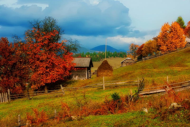 Autumn village, fall, autumn, bonito, trees, foliage, mountain ...