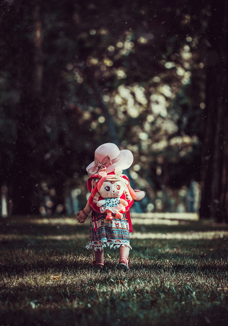 child, backpack, toy, park, walk, HD phone wallpaper