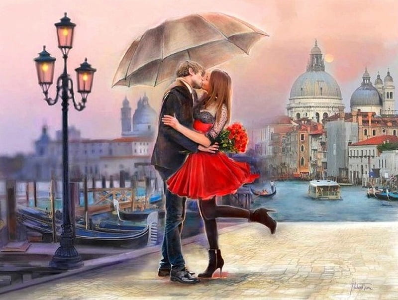 Venice Love, red roses, boat hire, Grand Canal, Italy, places, love four seasons, man, attractions in dreams, woman, Venice, lovers, paintings, love, kisses, cities, beloved valentines, HD wallpaper