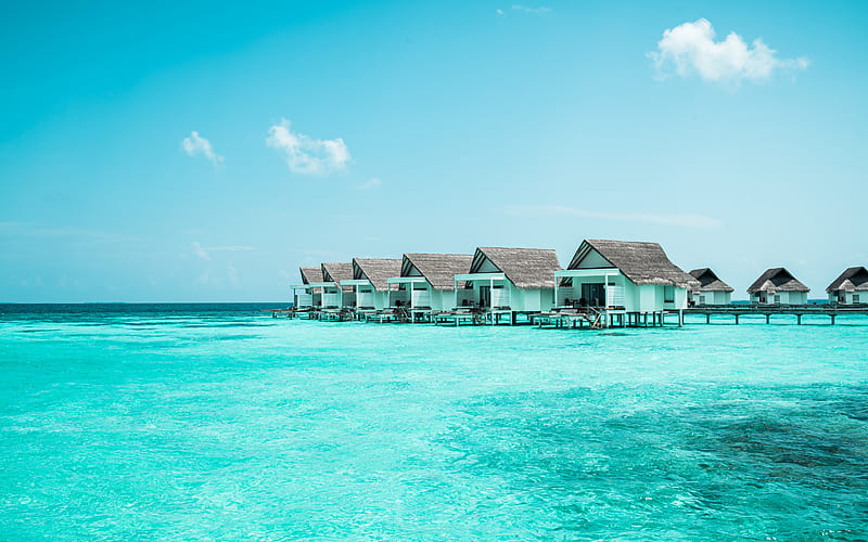 tropical islands, ocean, summer, houses over water, Maldives, seascape, summer landscape, HD wallpaper
