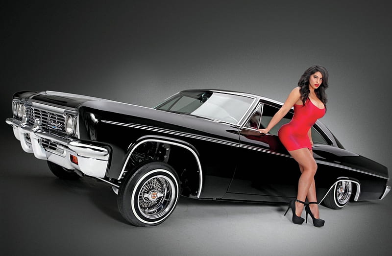 1966-Chevrolet-Impala, Black, Red Dress, GM, Sexy, HD wallpaper