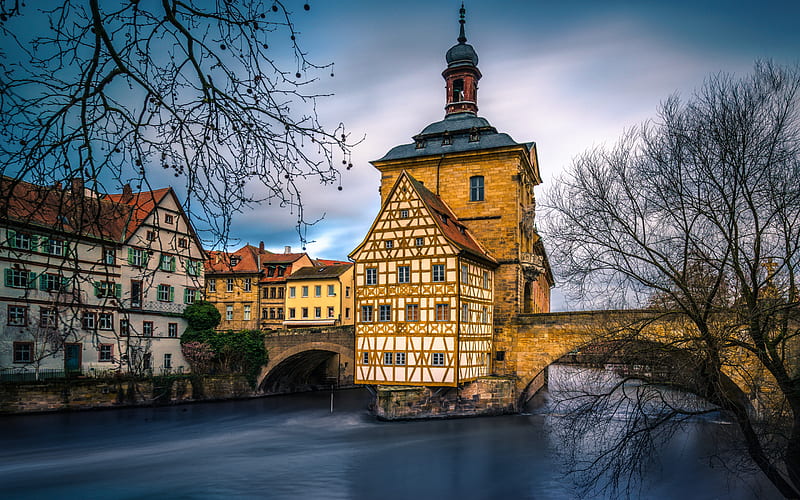 Altes Rathaus, Bamberg, river Main, old town hall, sunset, Bamberg cityscape, Upper Franconia, Germany, HD wallpaper