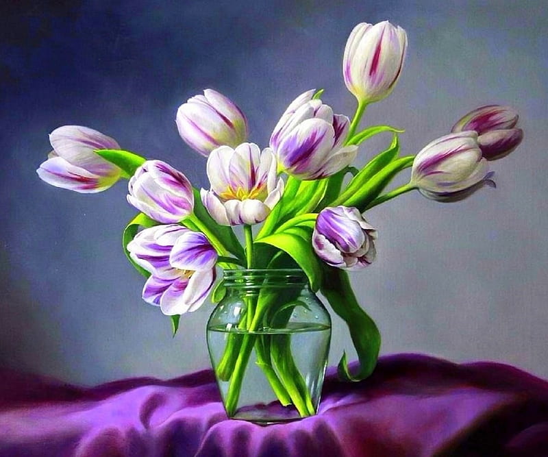 ✿⊱•╮Feel to Tulips╭•⊰✿, lovely still life, paintings, draw and paint, flowers, vase, love four seasons, bonito, tulips, HD wallpaper