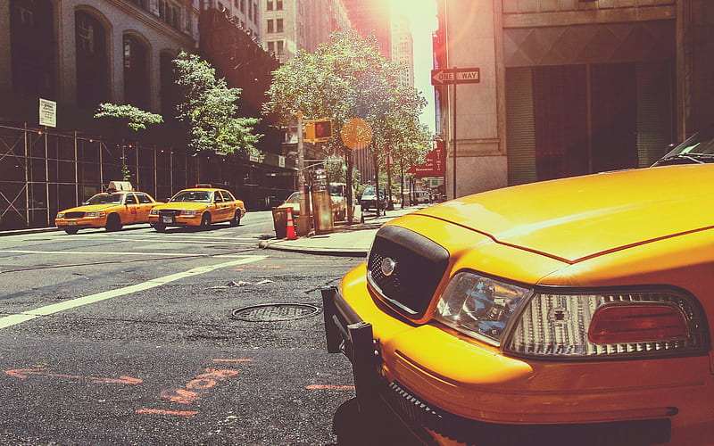 New York, yellow taxi, street, skyscrapers, taxi cab, USA, America, NYC, HD wallpaper
