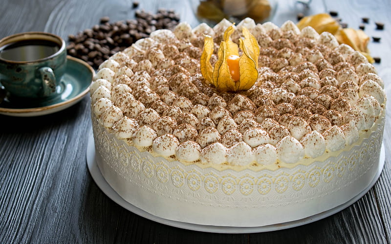 big cake, tiramisu, white cream, sweets, pastries, cakes, HD wallpaper