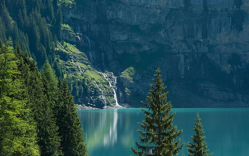Oeschinen Lake Switzerland, boats, Bernese Alps, Oeschinen lake, waterfall, Switzerland, Bernese Oberland, trees, lake, nature, HD wallpaper