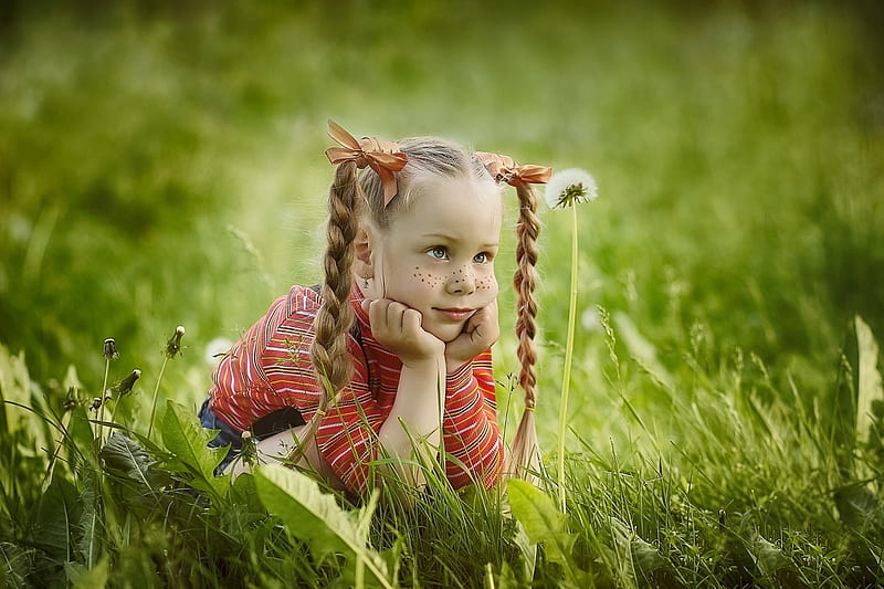:-), little, grass, redhead, freckles, olga nikulochkina, dandelion, girl, green, summer, copil, child, HD wallpaper