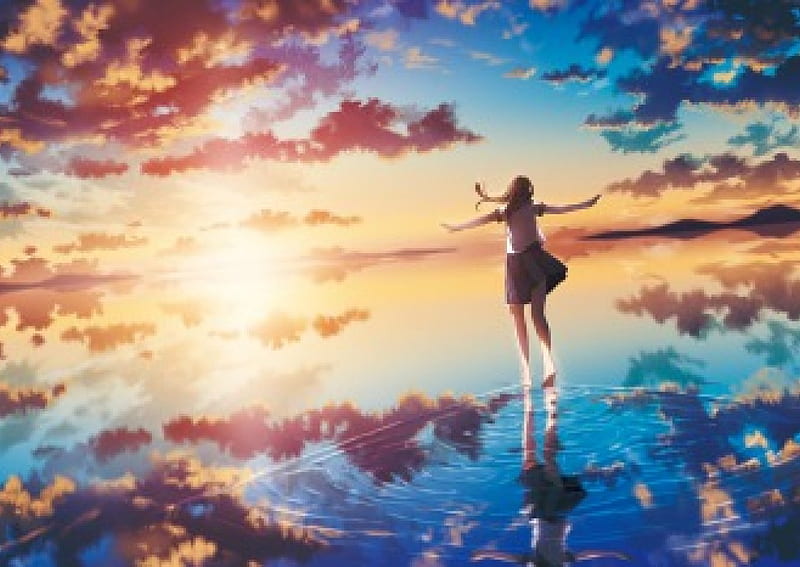 Anime sunset, horizon, silhouette, clouds, sky, reflection, Anime, HD  wallpaper | Peakpx