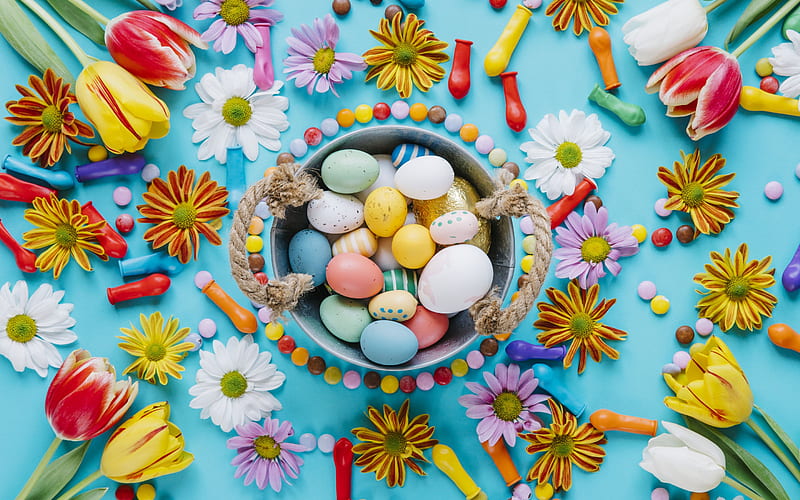 Happy Easter, spring flowers, chrysanthemum, easter eggs, decoration, HD wallpaper