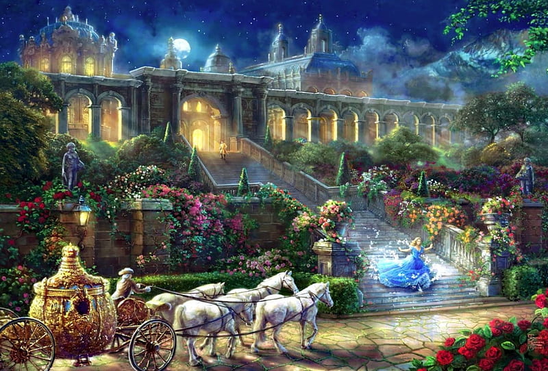 Cinderella, stairs, coach, artwork, horses, girl, painting, evening, castle, light, HD wallpaper