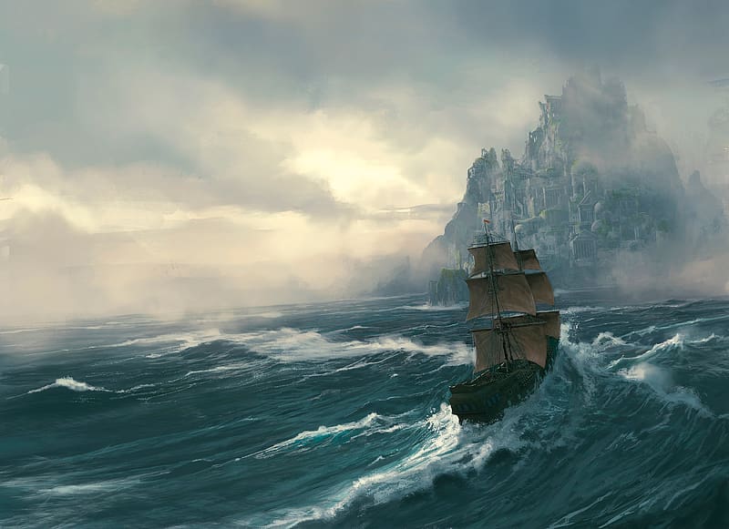 Fantasy, Sea, Island, Ship, Storm, HD wallpaper