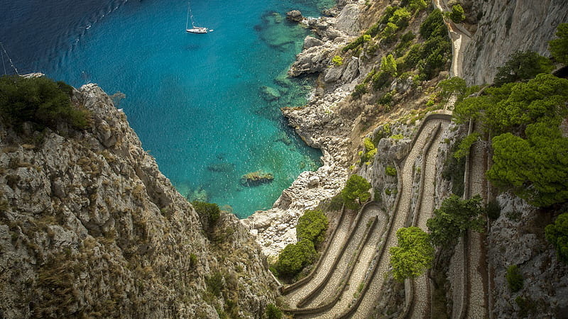 Via Krupp, rocks, boat, Italy, Capri, nature, sea, Island, HD wallpaper