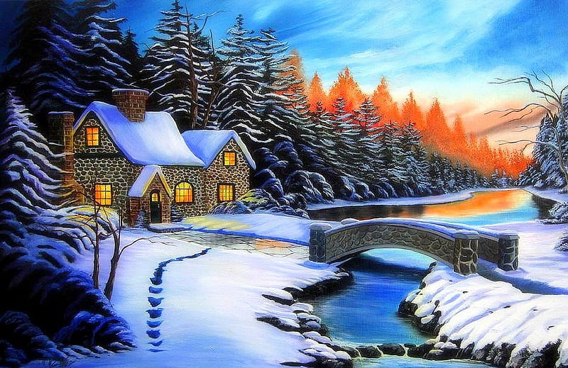 ★Superb Cottage in Winter★, architecture, glow, cottages, holidays, seasons, xmas and new year, greetings, paintings, landscapes, drawings, traditional art, cozy, christmas, houses, colors, love four seasons, christmas trees, winter, cool, snow, winter holidays, HD wallpaper