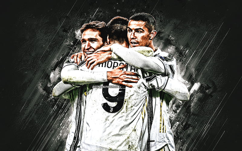Juventus FC, Cristiano Ronaldo, Federico Chiesa, Alvaro Morata, Serie A, Italy, gray stone background, football, HD wallpaper