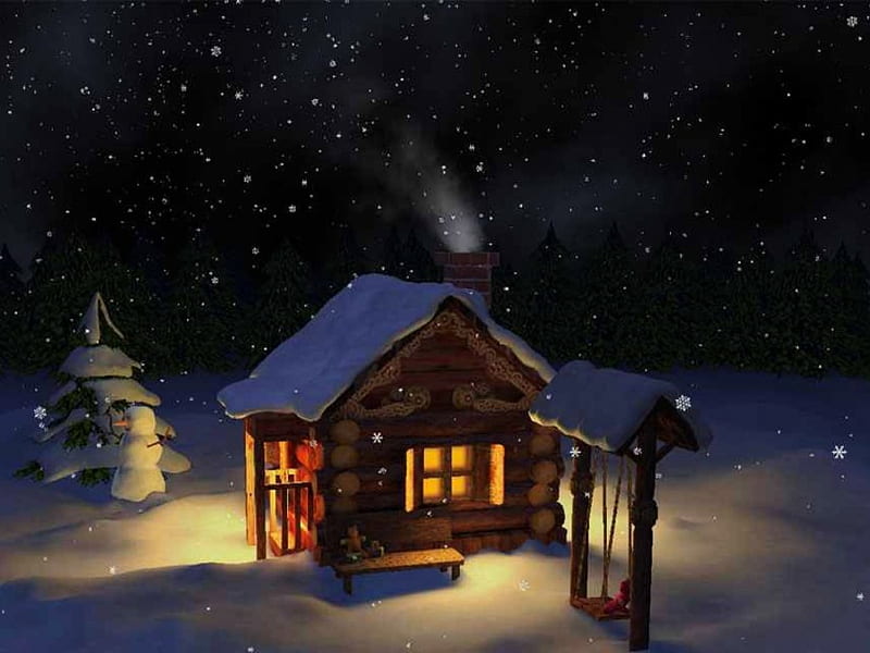 Winter Night, tree, cabin, snow, artwork, HD wallpaper