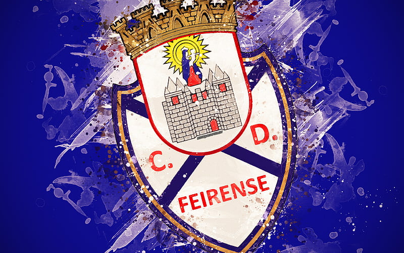 CD Feirense paint art, logo, creative, Portuguese football team, Primeira Liga, emblem, blue background, grunge style, Santa Maria da Feira, Portugal, football, HD wallpaper
