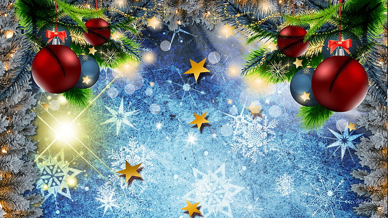 Christmas Colors Bright, stars, feliz navidad, glow, christmas, greenery, firefox persona, red balls, bokeh, gold, snowflakes, decorations, bright, beads, blue, HD wallpaper