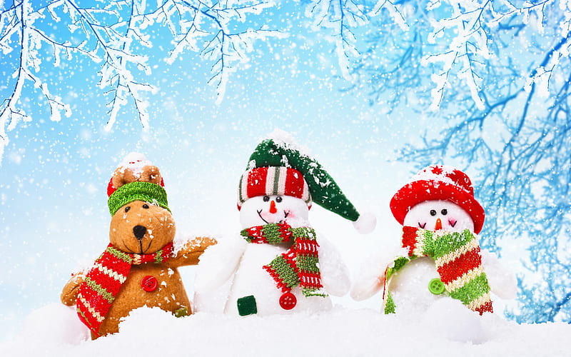 winter, snow, snowmen, deer, plush toys, Christmas, New Year, HD wallpaper