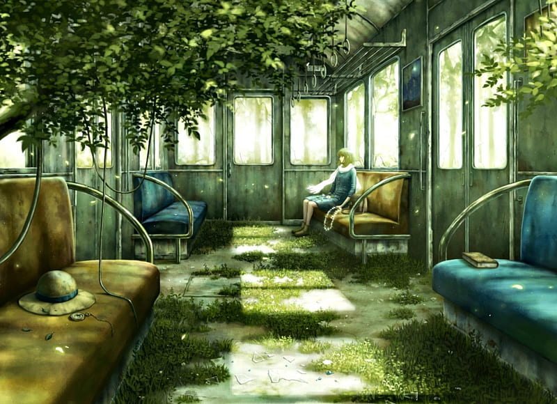 Waiting, art, luminos, kazami ehoh, manga, bus, leaf, girl, green, anime, realistic, sofa, HD wallpaper