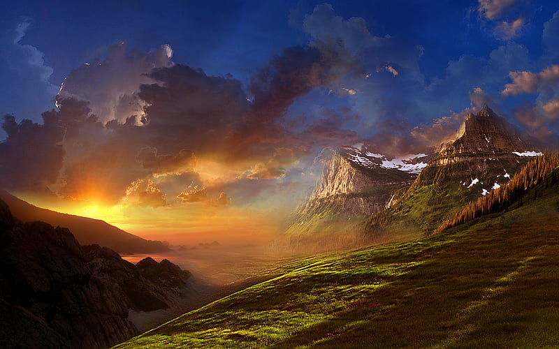 Favourite Dreams, mountain, lovely, brightness, sunset, sky, ray, blue, HD wallpaper