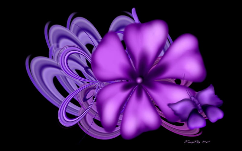 Purple Flower Abstract, airbrush, paint, cg, black, swirls, digital paint, fantasy, butterfly, purple, digital, flower, pink, blue, HD wallpaper