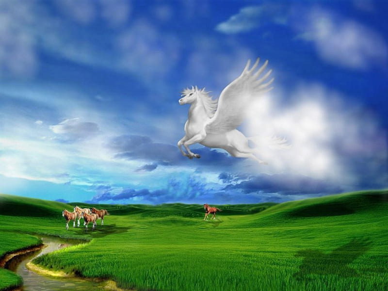 fansy flyin horse, flying horse, green land, blue sky, white, HD wallpaper