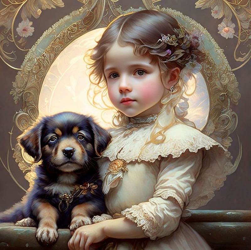 Little girl and her puppy, art, cute, girl, puupy, little, caine, dog, glenda popielarski, puppy, painting, pictura, HD wallpaper