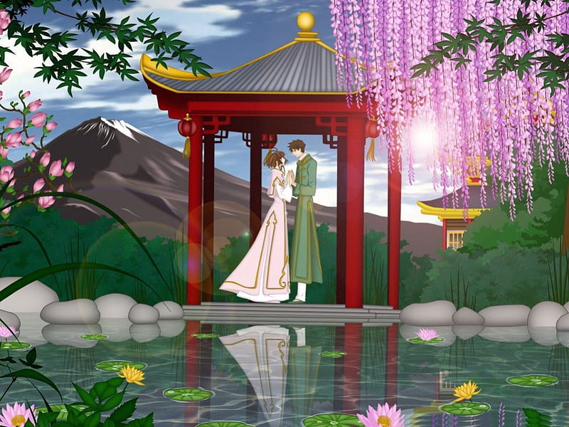 Pond of Happiness, pretty, green eyes, plant, xxxHolic, wing, floral, mountain, anime, feather, handsome, beauty, anime girl, tsubasa, reflection, clamp, sakura, wings, lovely, romance, gown, syaoran, short hair, cute, water, lover, reservoir tsubasa chronicles, lotus, scenic, dress, divine, guy, bonito, sublime, elegant, lotus pond, blossom, scenery, hill, couple, female, male, tsubasa chronicles, romantic, water lily, brown eyes, pond, boy, girl, flower, petals, scene, HD wallpaper