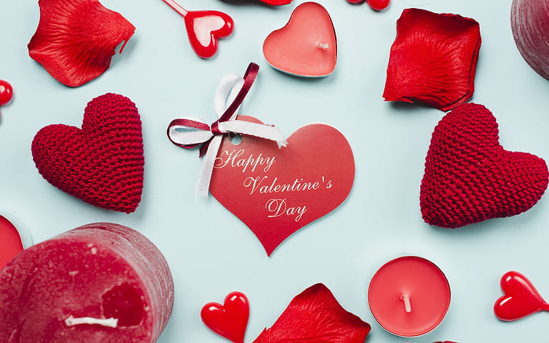 Happy Valentines Day, romantic holiday, red hearts, red candles, rose petals, HD wallpaper