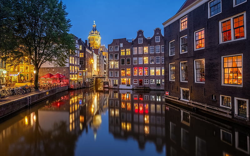 Amsterdam, canals, evening, dutch city, Amsterdam cityscape, Netherlands, HD wallpaper