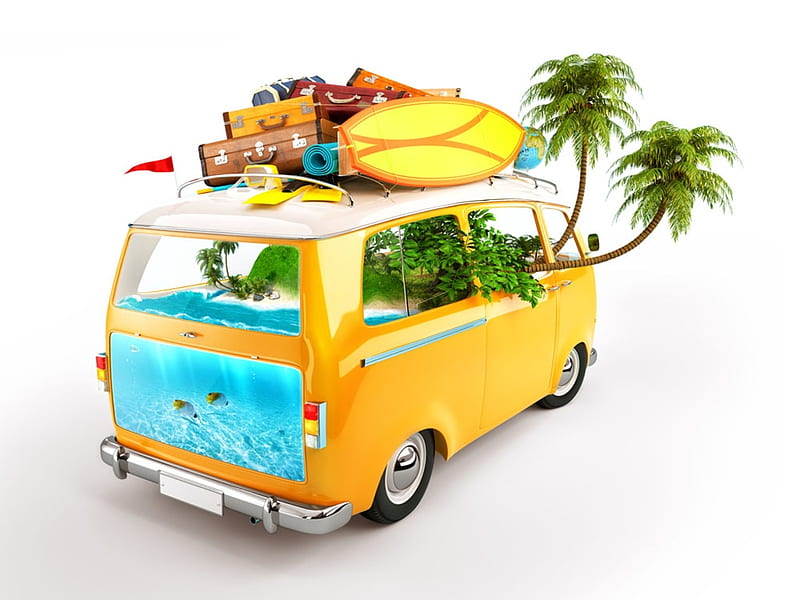Summer holiday, Travel, Cartoon, Car, Vacation, Suitcase, HD wallpaper