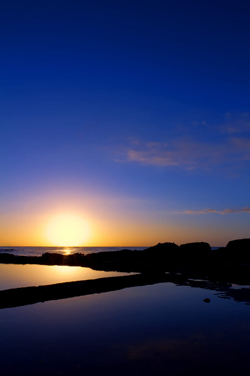sunset, sea, rocks, outlines, silence, horizon, HD phone wallpaper