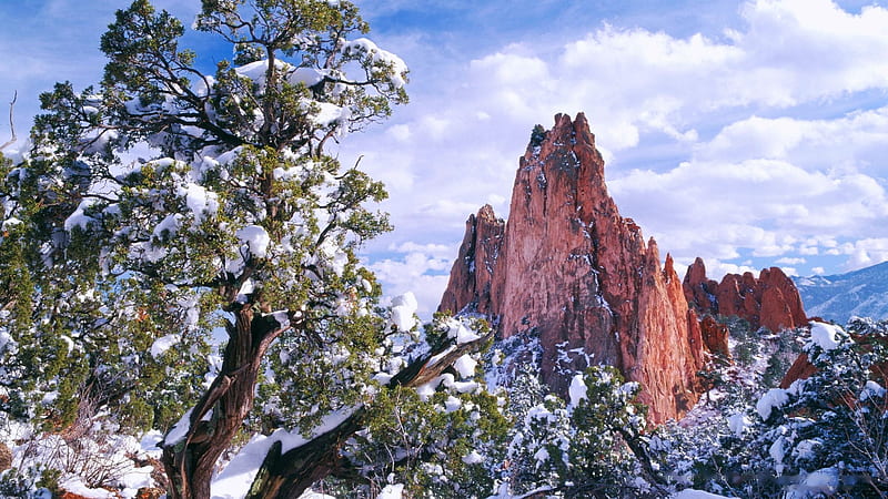 Garden of the Gods in Winter, Colorado Springs, Colorado, trees, snow, canyons, desert, clouds, sky, HD wallpaper