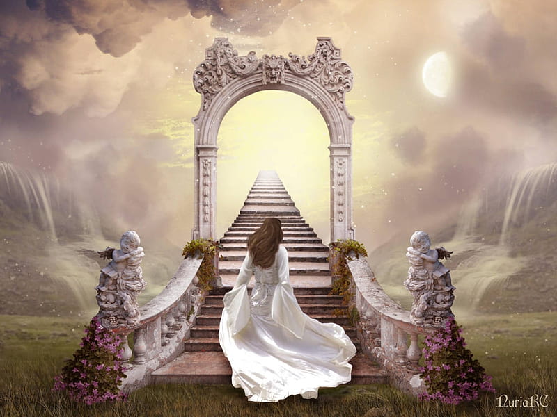 Stairway to Heaven, sky, clouds, angels, waterfalls, stars, grass, wind, stairs, moon, girl, flowers, magical, HD wallpaper