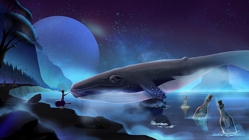 Moon Island, luminos, moon, whale, island, ahmet iltas, blue, moon, fantasy, vara, summer, HD wallpaper