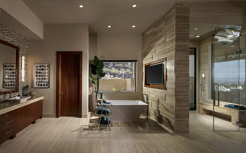 stylish bathroom, plaster 3D panels, bathroom, modern interior design, gray bathroom, aquarium in the bathroom, HD wallpaper