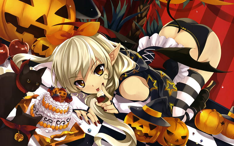 Girl_on_Halloween, halloween, anime, girls, sexy, foods, HD wallpaper