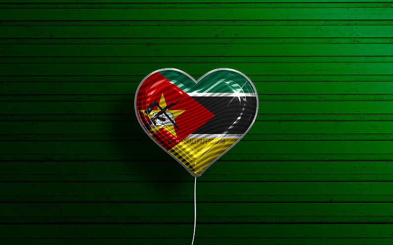 I Love Mozambique realistic balloons, green wooden background, African countries, Mozambican flag heart, favorite countries, flag of Mozambique, balloon with flag, Mozambican flag, Mozambique, Love Mozambique, HD wallpaper