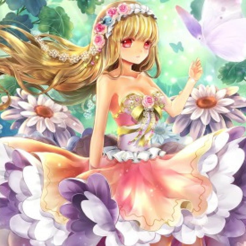 Rosette, pretty, dress, blond, bonito, adorable, floral, sweet, blossom, nice, butterfly, anime, hot, beauty, anime girl, long hair, female, lovely, gown, blonde, blonde hair, sexy, blond hair, cute, kawaii, girl, flower, HD wallpaper