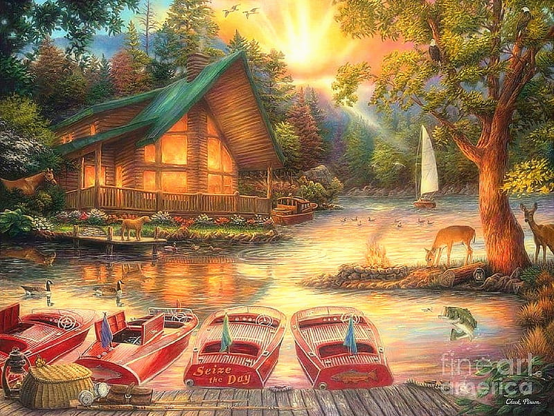 Seize The Day, lakes, love four seasons, spring, attractions in dreams, boats, paintings, summer, nature, cabins, HD wallpaper