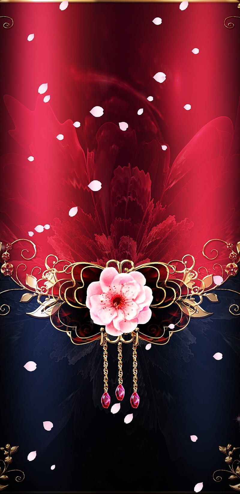 Floral Pin, floral, flower, girly, gold, pink, pretty, red, HD phone wallpaper