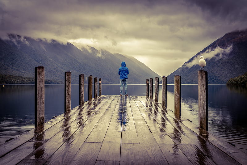 Alone, sky, boy, people, nature, cloud, mountains, sea, rain, bridge, HD wallpaper