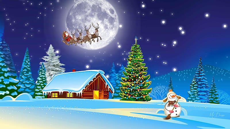 Santa Claus on his way, Saint Nicholas, reindeer, house, home, Santa Claus, Saint Nick, snowman, spirit, sleigh, moon, sky, HD wallpaper