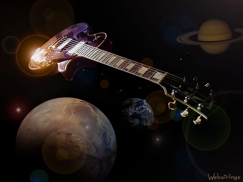 Gibson in Space, planets, gibson, purple, guitar, space, flying, HD wallpaper