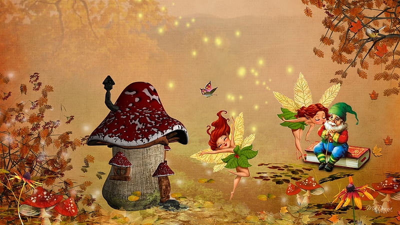 Romantic Fall, fall, autumn, gnome, firefox persona, trees, leaves, mushroom house, butterfly, whimsical, fairies, flowers, HD wallpaper
