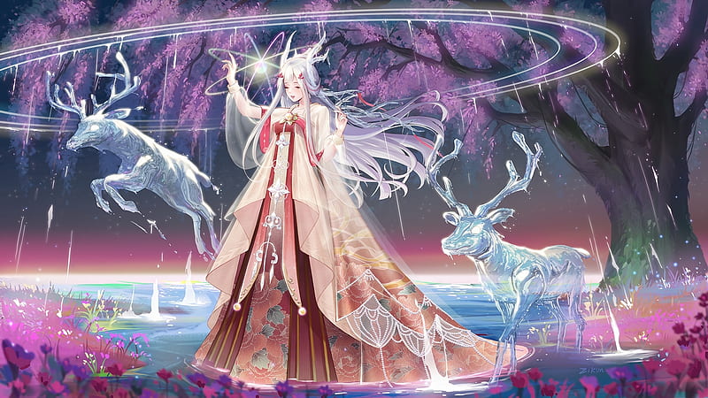 anime goddess, ice deers, giant tree, horns, tree, Anime, HD wallpaper