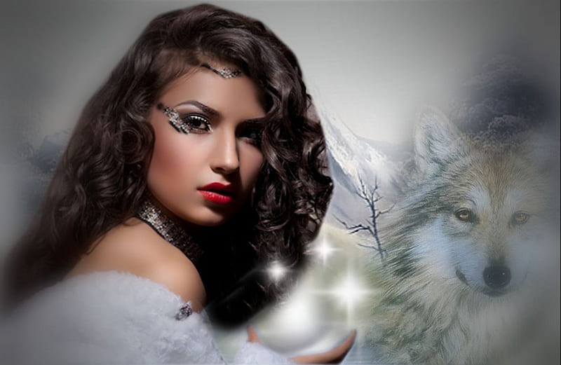 Fantasy Magical Winter Princess, red, brown, woman, silver, canine ...